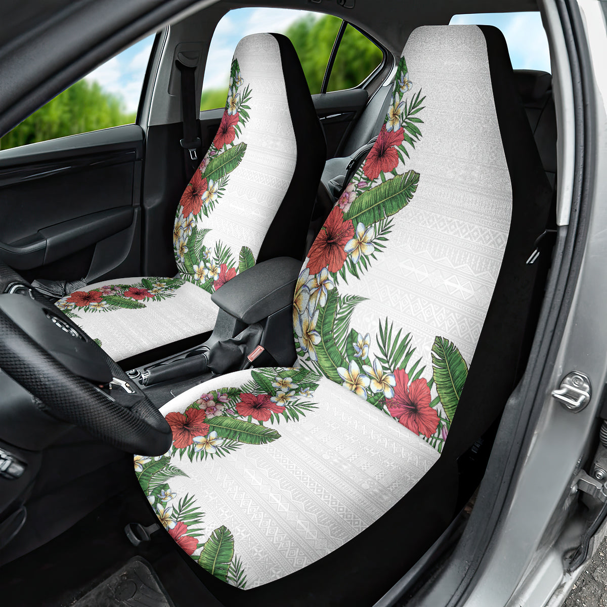 Hawaii Tropical Flowers and Leaves Car Seat Cover Tapa Pattern White Mode LT03 - Polynesian Pride