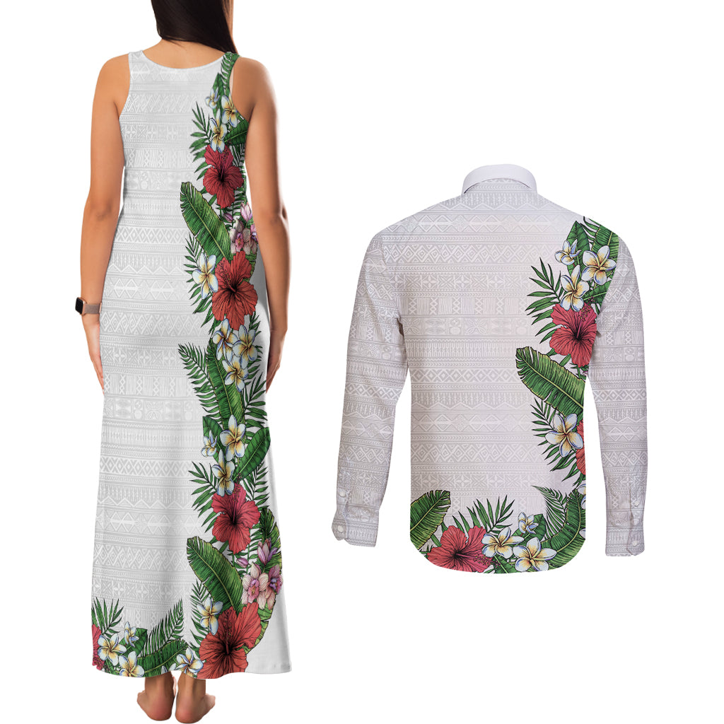 Hawaii Tropical Flowers and Leaves Couples Matching Tank Maxi Dress and Long Sleeve Button Shirt Tapa Pattern White Mode LT03 - Polynesian Pride
