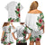 Hawaii Tropical Flowers and Leaves Family Matching Off Shoulder Short Dress and Hawaiian Shirt Tapa Pattern White Mode