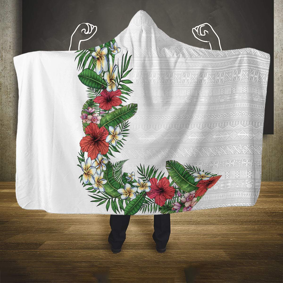 Hawaii Tropical Flowers and Leaves Hooded Blanket Tapa Pattern White Mode