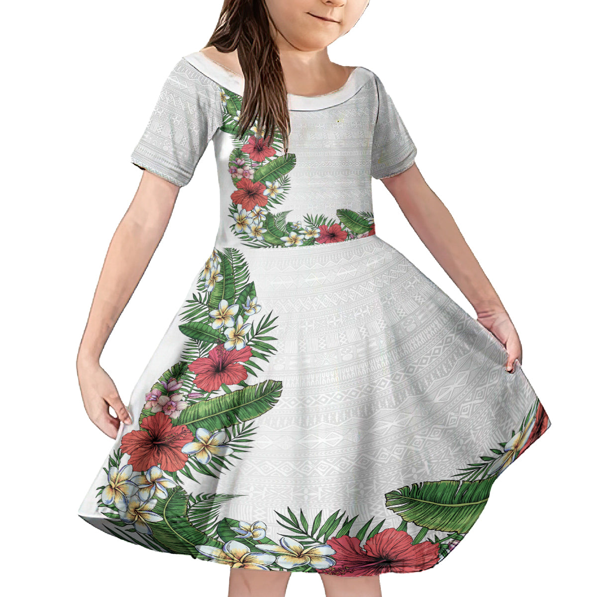 Hawaii Tropical Flowers and Leaves Kid Short Sleeve Dress Tapa Pattern White Mode LT03 KID White - Polynesian Pride