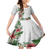 Hawaii Tropical Flowers and Leaves Kid Short Sleeve Dress Tapa Pattern White Mode LT03 KID White - Polynesian Pride