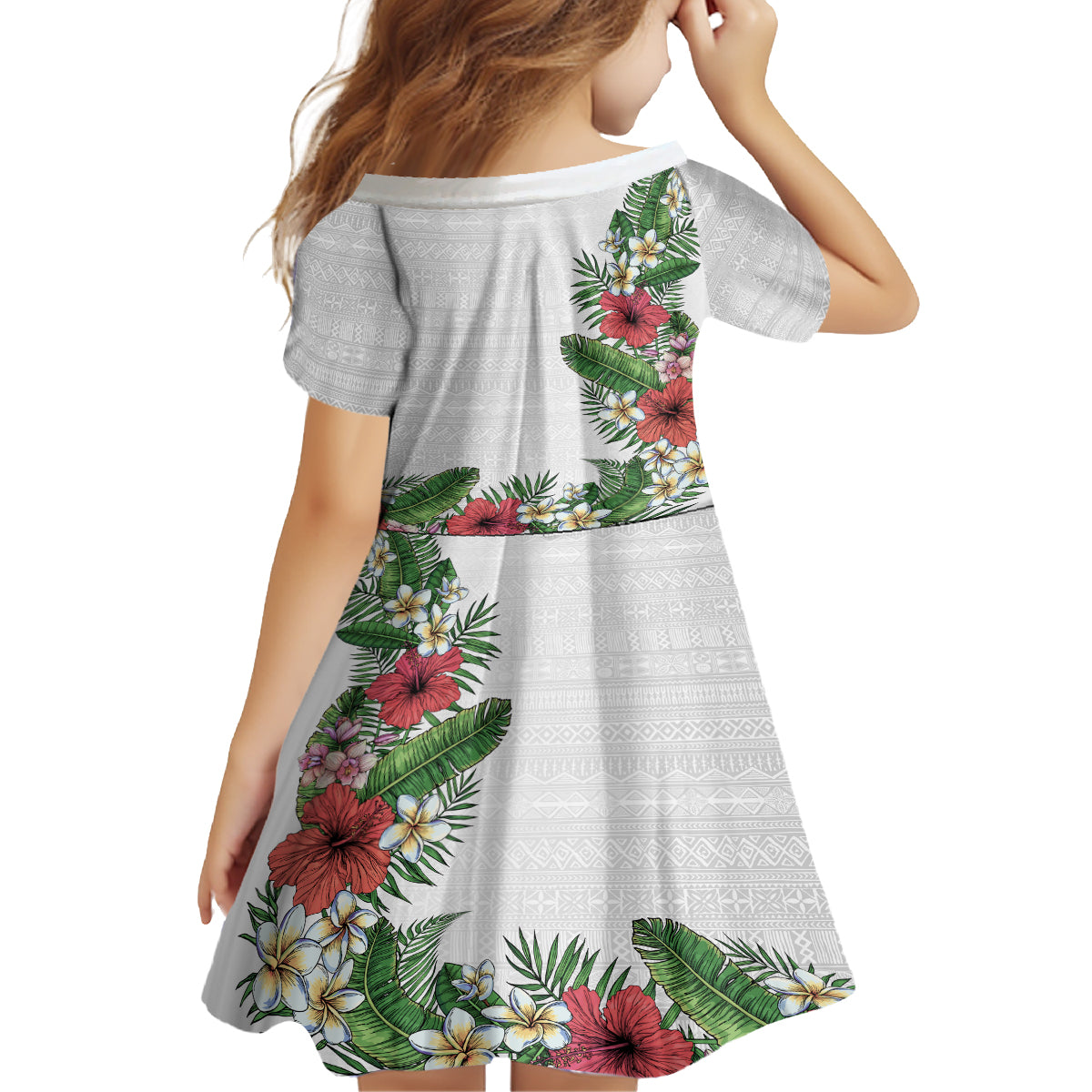 Hawaii Tropical Flowers and Leaves Kid Short Sleeve Dress Tapa Pattern White Mode LT03 - Polynesian Pride
