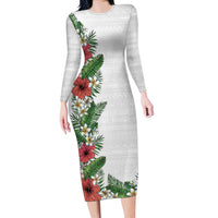 Hawaii Tropical Flowers and Leaves Long Sleeve Bodycon Dress Tapa Pattern White Mode LT03 Long Dress White - Polynesian Pride