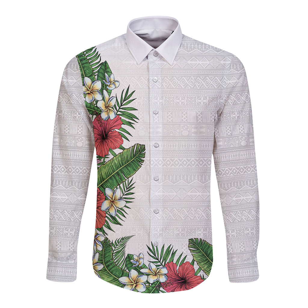 Hawaii Tropical Flowers and Leaves Long Sleeve Button Shirt Tapa Pattern White Mode LT03 Unisex White - Polynesian Pride