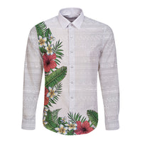 Hawaii Tropical Flowers and Leaves Long Sleeve Button Shirt Tapa Pattern White Mode LT03 Unisex White - Polynesian Pride