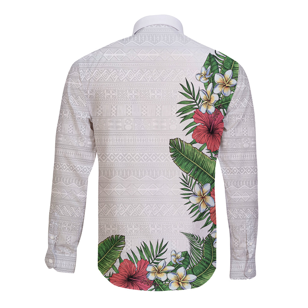 Hawaii Tropical Flowers and Leaves Long Sleeve Button Shirt Tapa Pattern White Mode LT03 - Polynesian Pride