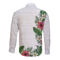 Hawaii Tropical Flowers and Leaves Long Sleeve Button Shirt Tapa Pattern White Mode LT03 - Polynesian Pride
