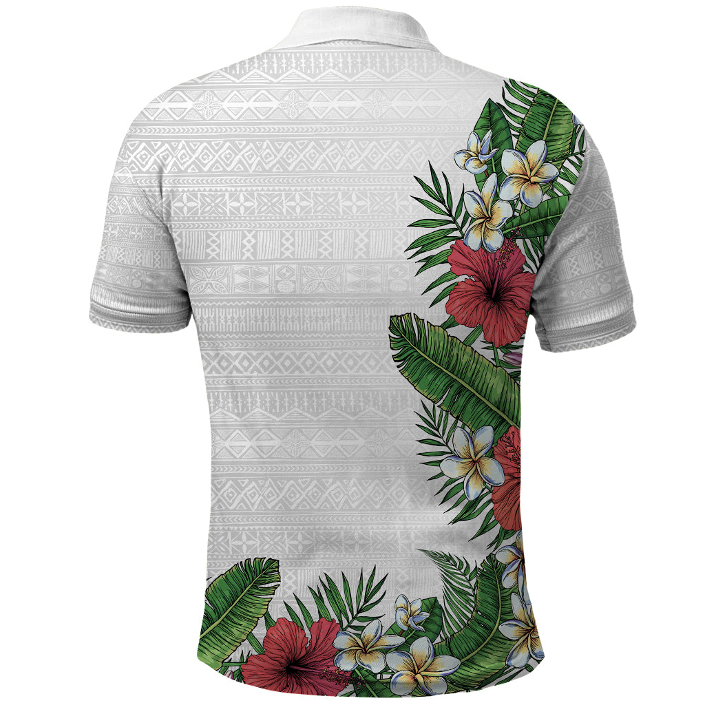 Hawaii Tropical Flowers and Leaves Polo Shirt - Tapa Pattern White Mode LT03 - Polynesian Pride