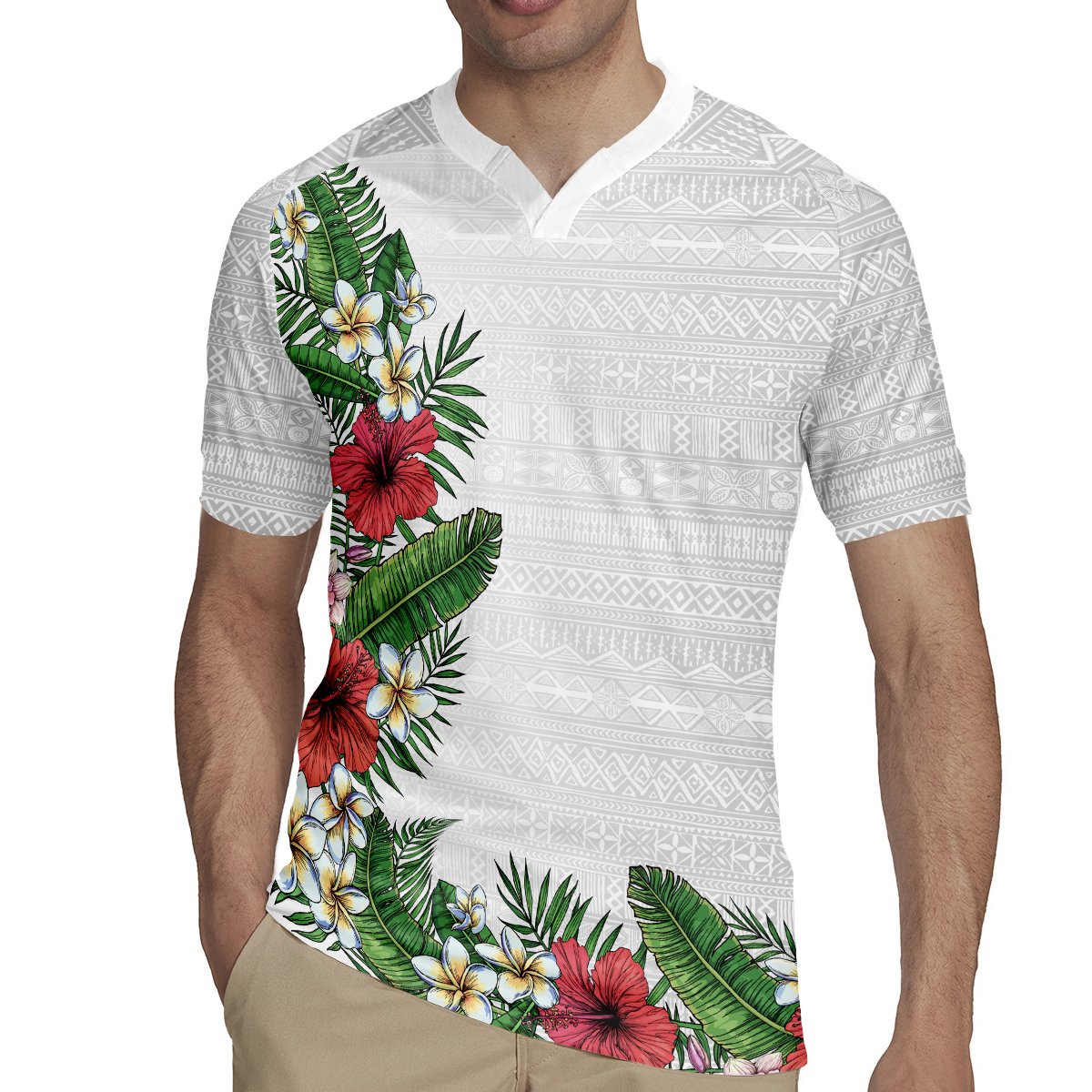 Hawaii Tropical Flowers and Leaves Rugby Jersey Tapa Pattern White Mode LT03 - Polynesian Pride