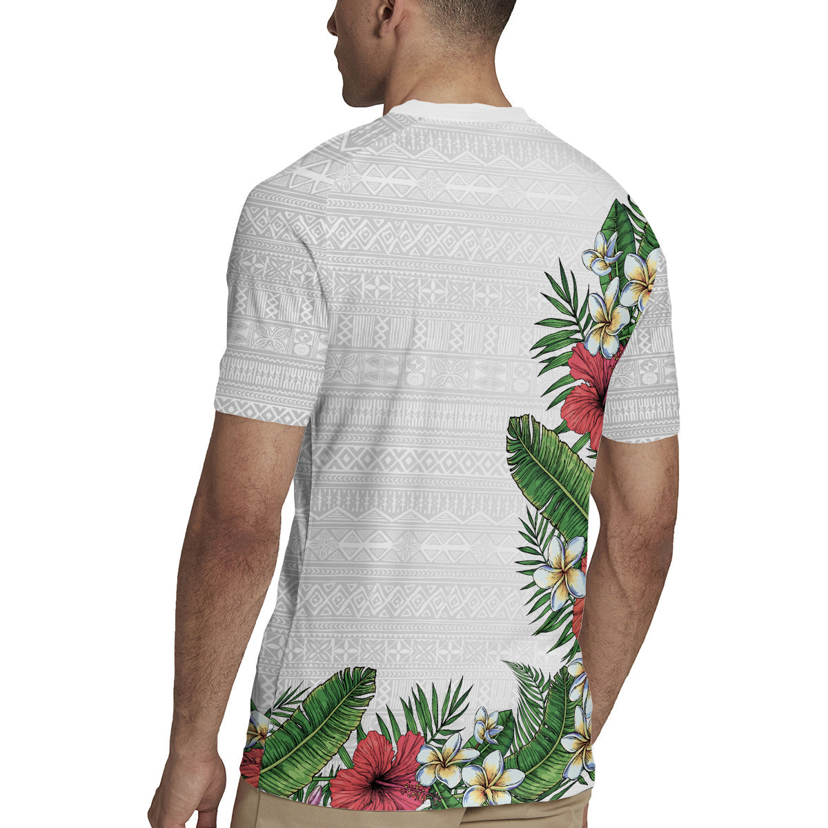 Hawaii Tropical Flowers and Leaves Rugby Jersey Tapa Pattern White Mode LT03 - Polynesian Pride