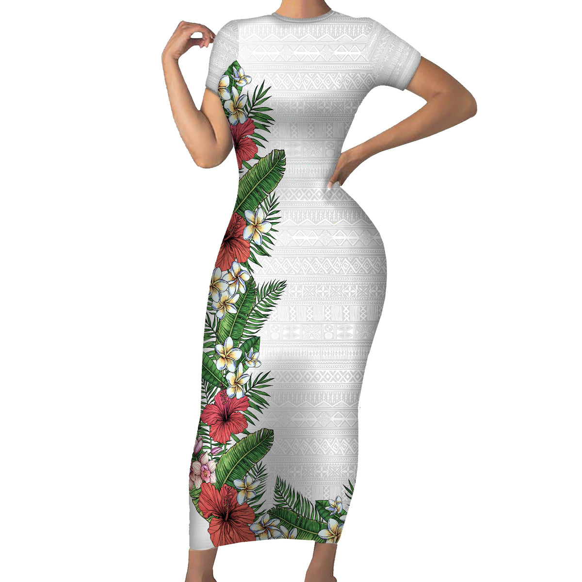 Hawaii Tropical Flowers and Leaves Short Sleeve Bodycon Dress Tapa Pattern White Mode LT03 Long Dress White - Polynesian Pride