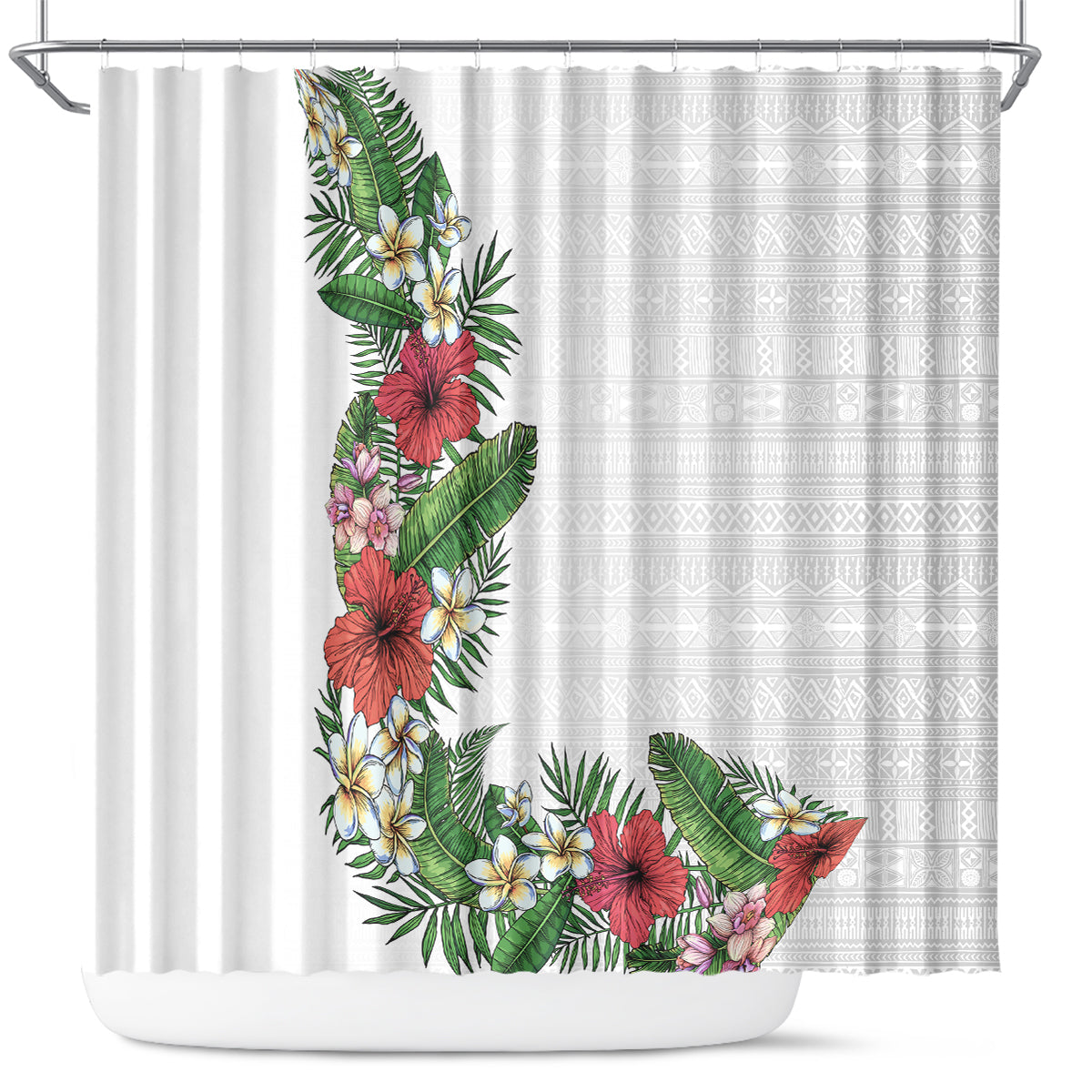 Hawaii Tropical Flowers and Leaves Shower Curtain Tapa Pattern White Mode
