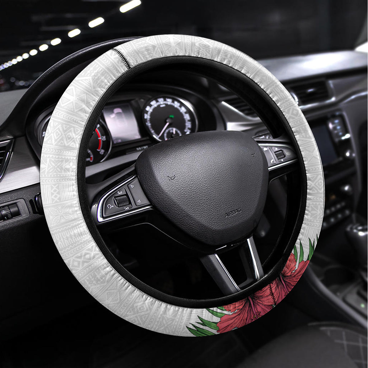Hawaii Tropical Flowers and Leaves Steering Wheel Cover Tapa Pattern White Mode