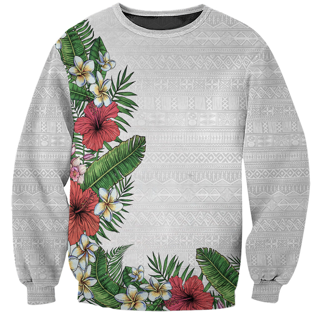 Hawaii Tropical Flowers and Leaves Sweatshirt Tapa Pattern White Mode LT03 Unisex White - Polynesian Pride