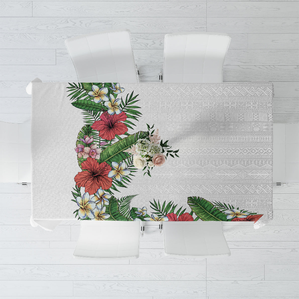 Hawaii Tropical Flowers and Leaves Tablecloth Tapa Pattern White Mode