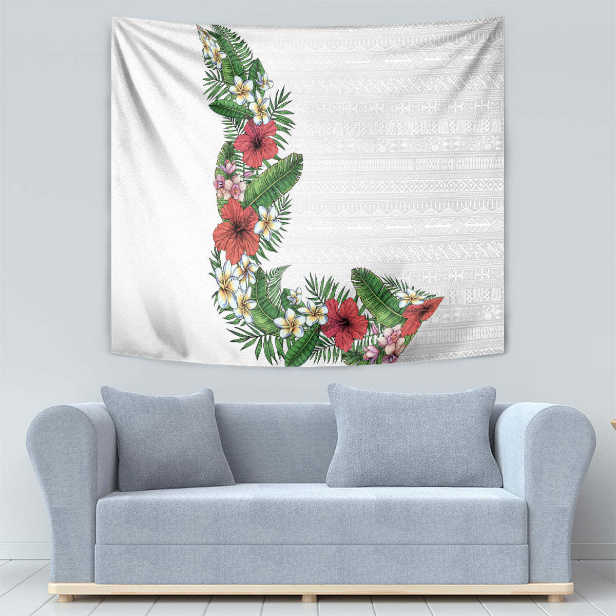 Hawaii Tropical Flowers and Leaves Tapestry Tapa Pattern White Mode LT03 - Polynesian Pride
