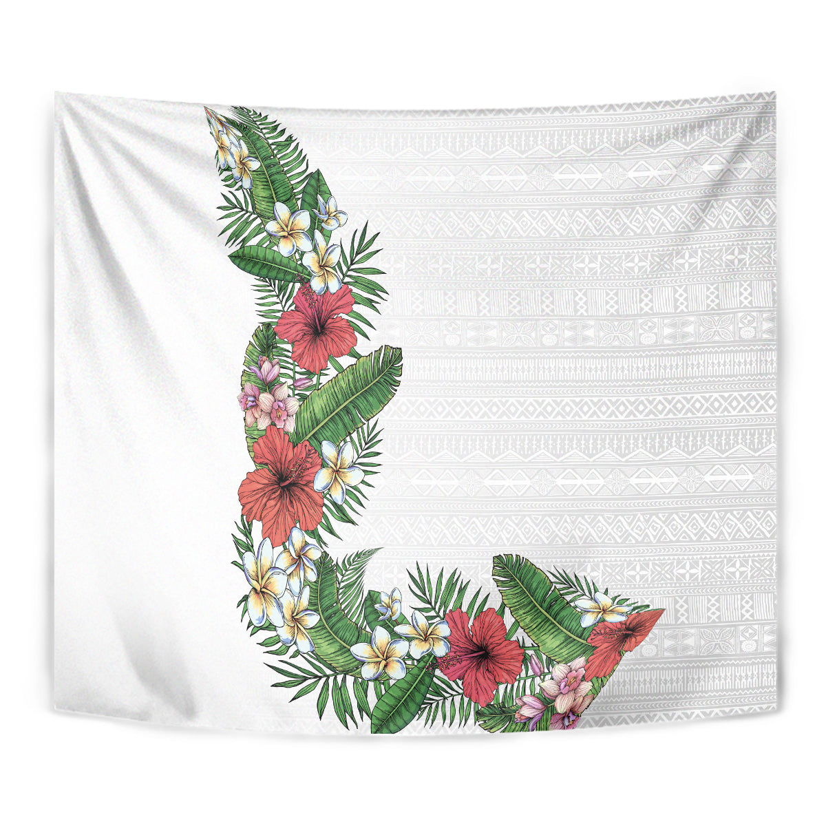 Hawaii Tropical Flowers and Leaves Tapestry Tapa Pattern White Mode LT03 - Polynesian Pride