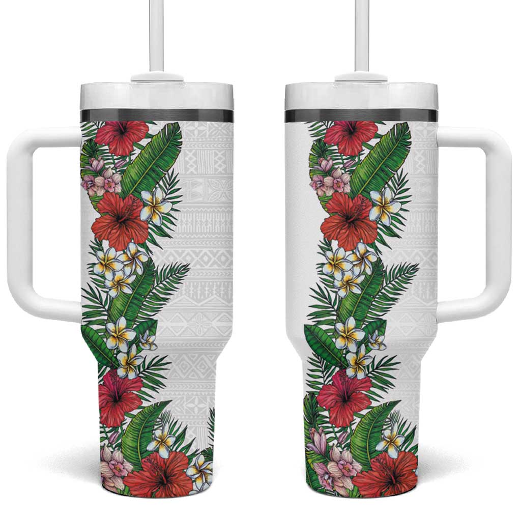 Hawaii Tropical Flowers and Leaves Tumbler With Handle Tapa Pattern White Mode LT03 One Size: 40 oz White - Polynesian Pride