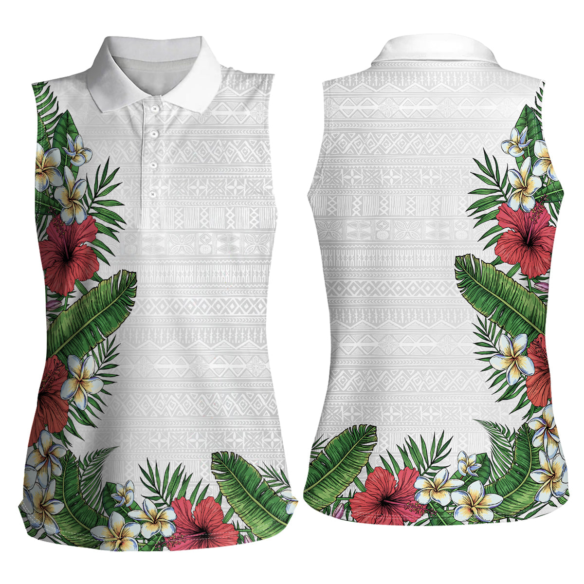 Hawaii Tropical Flowers and Leaves Women Sleeveless Polo Shirt - Tapa Pattern White Mode LT03 - Polynesian Pride