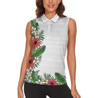 Hawaii Tropical Flowers and Leaves Women Sleeveless Polo Shirt - Tapa Pattern White Mode LT03 - Polynesian Pride
