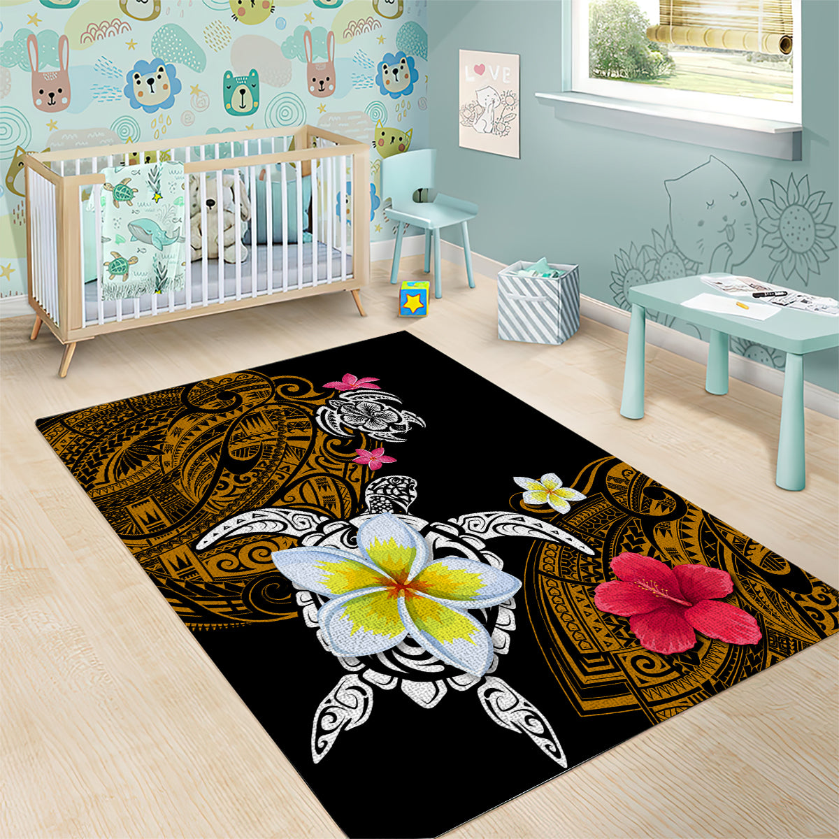 Hawaii Turtle and Tropical Flower Area Rug Polynesian Pattern LT03 - Polynesian Pride