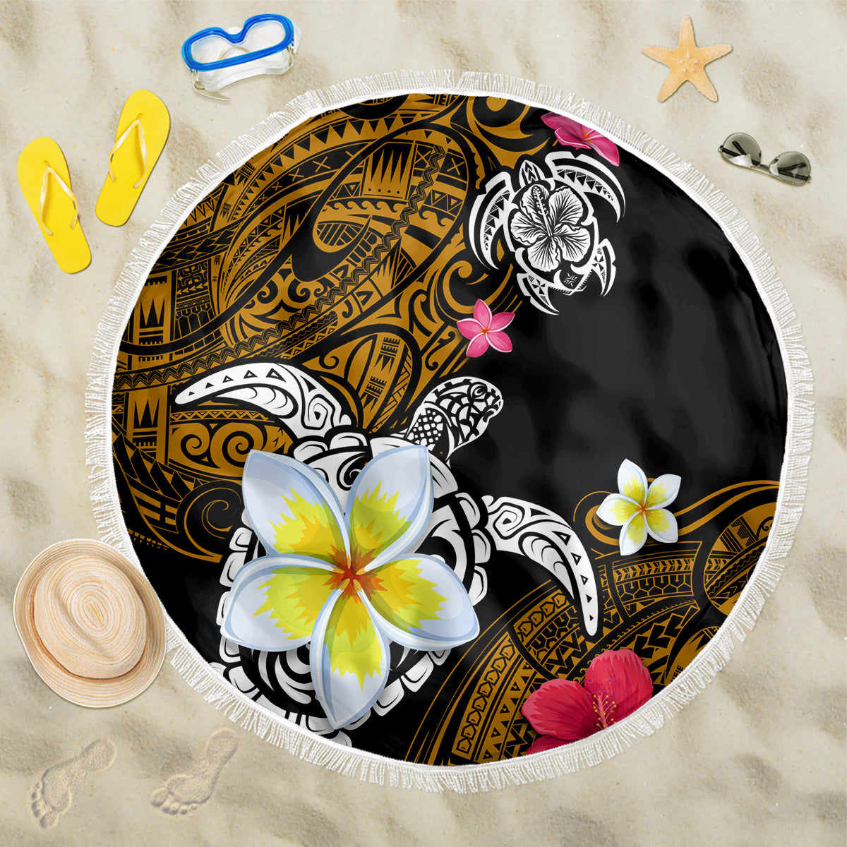 Hawaii Turtle and Tropical Flower Beach Blanket Polynesian Pattern LT03 One Size 150cm Black - Polynesian Pride