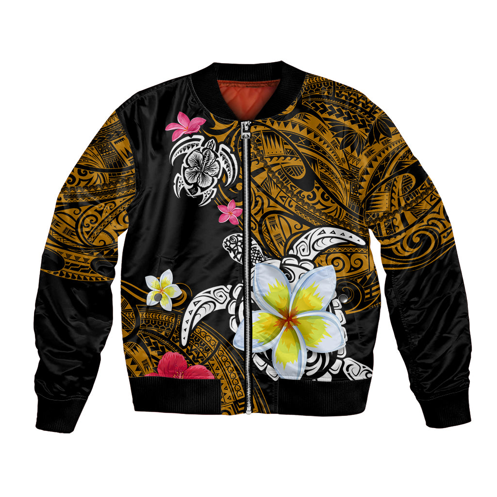 Hawaii Turtle and Tropical Flower Bomber Jacket Polynesian Pattern LT03 Unisex Black - Polynesian Pride