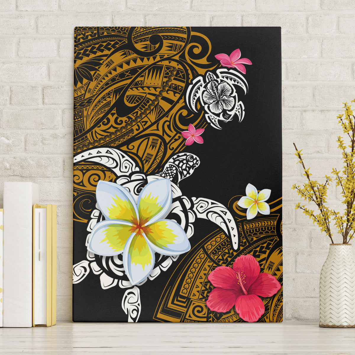 Hawaii Turtle and Tropical Flower Canvas Wall Art Polynesian Pattern LT03 Without Frame Black - Polynesian Pride
