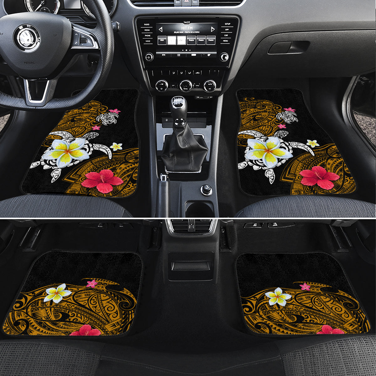 Hawaii Turtle and Tropical Flower Car Mats Polynesian Pattern LT03 Set 4pcs Black - Polynesian Pride
