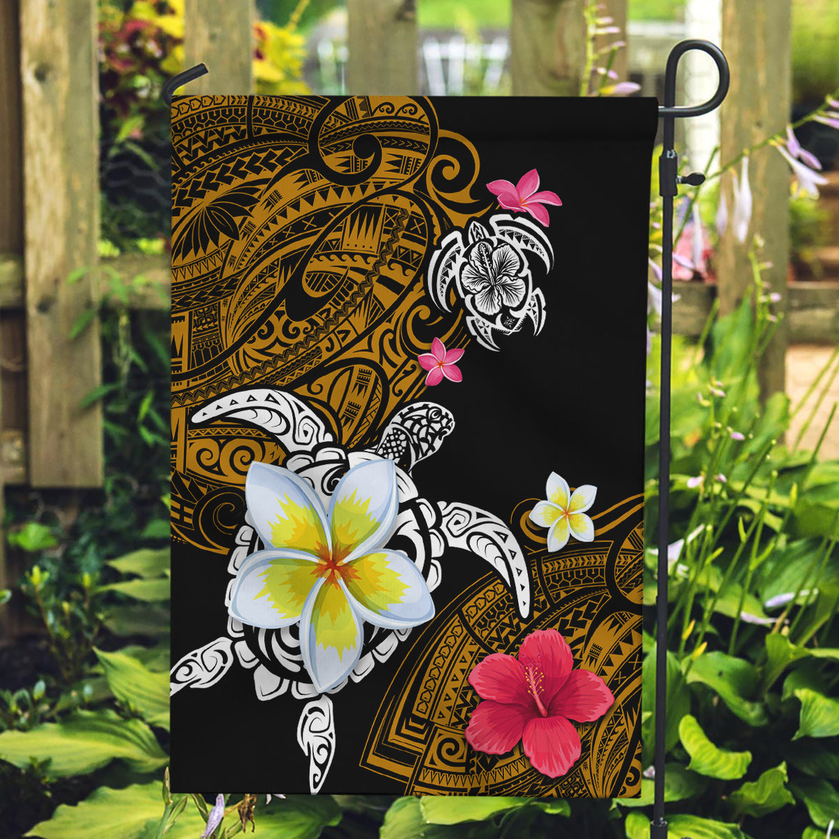 Hawaii Turtle and Tropical Flower Garden Flag Polynesian Pattern