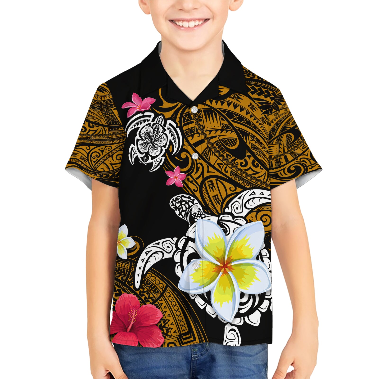 Hawaii Turtle and Tropical Flower Kid Hawaiian Shirt Polynesian Pattern LT03 Kid Black - Polynesian Pride