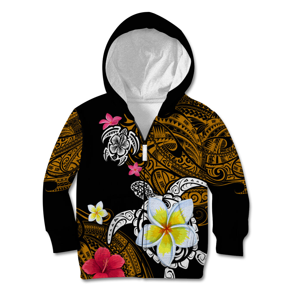 Hawaii Turtle and Tropical Flower Kid Hoodie Polynesian Pattern LT03 Zip Hoodie Black - Polynesian Pride
