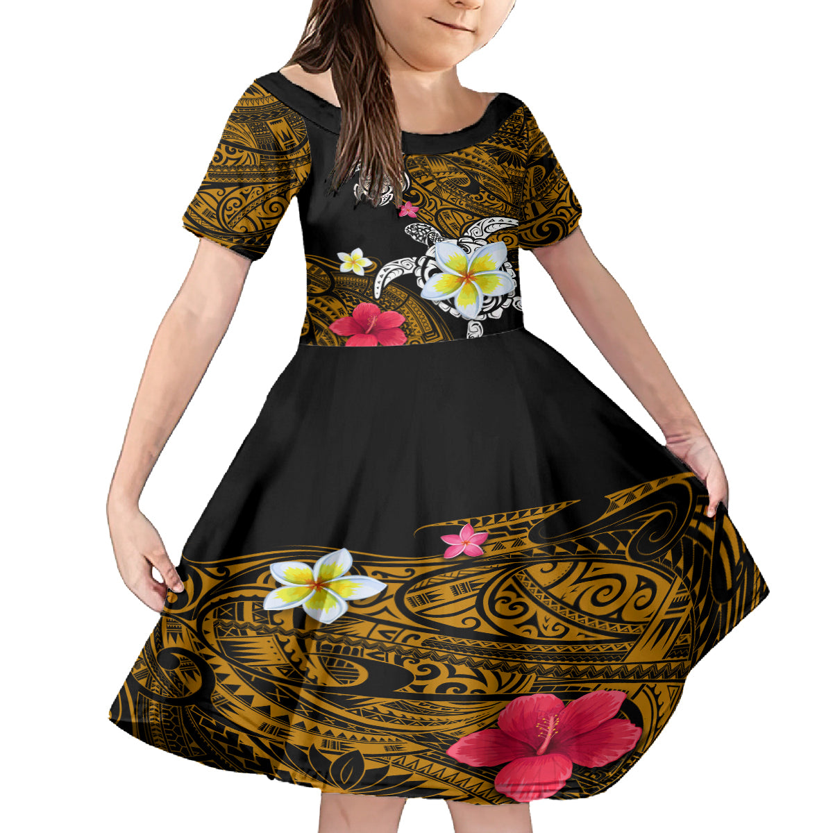 Hawaii Turtle and Tropical Flower Kid Short Sleeve Dress Polynesian Pattern LT03 KID Black - Polynesian Pride