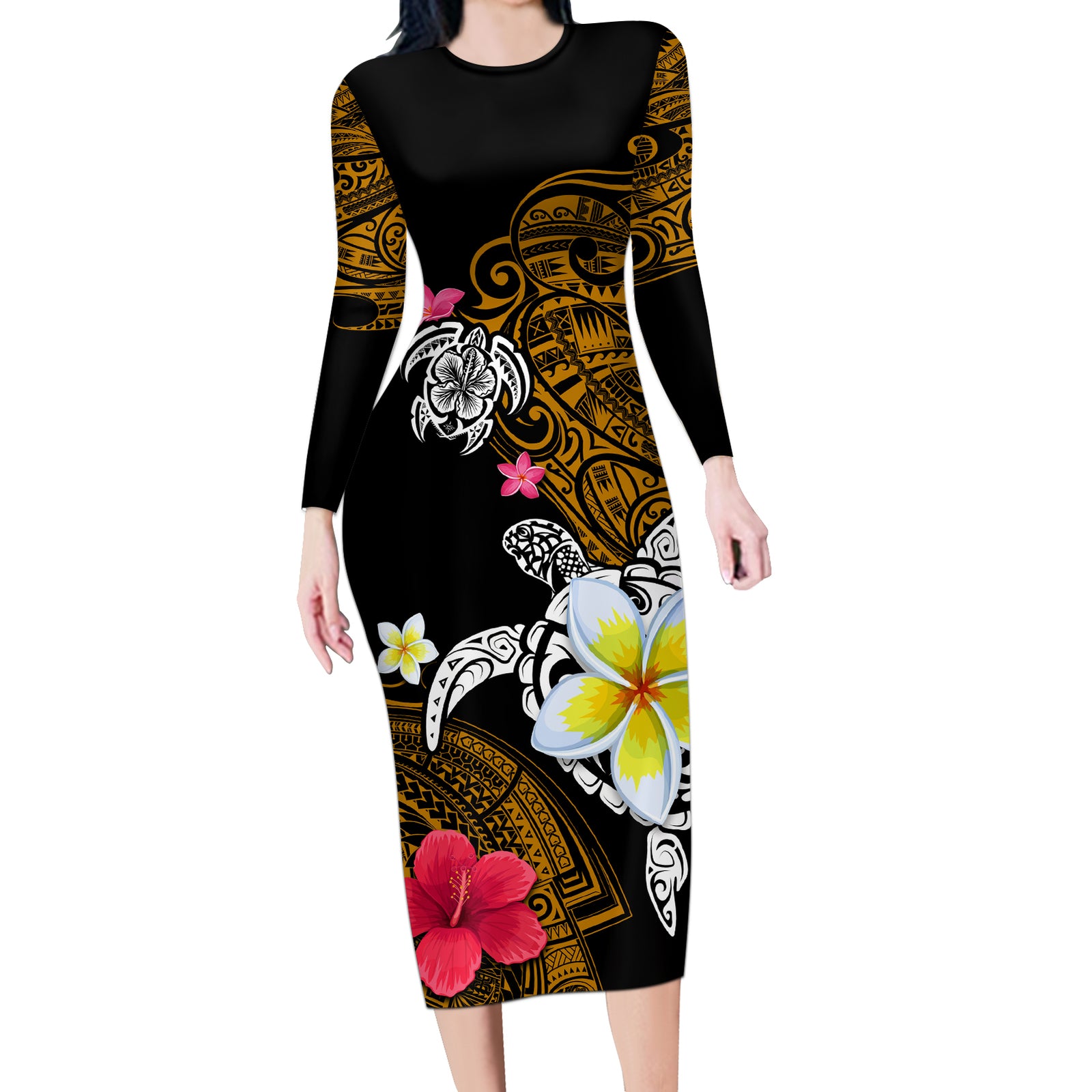 Hawaii Turtle and Tropical Flower Long Sleeve Bodycon Dress Polynesian Pattern LT03 Long Dress Black - Polynesian Pride
