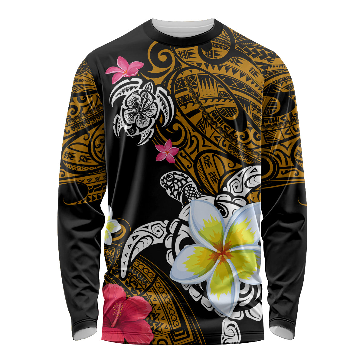 Hawaii Turtle and Tropical Flower Long Sleeve Shirt Polynesian Pattern LT03 Unisex Black - Polynesian Pride