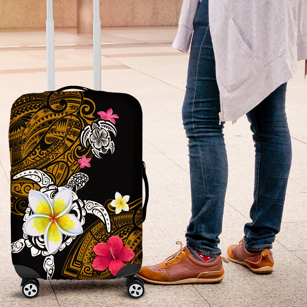 Hawaii Turtle and Tropical Flower Luggage Cover Polynesian Pattern LT03 Black - Polynesian Pride