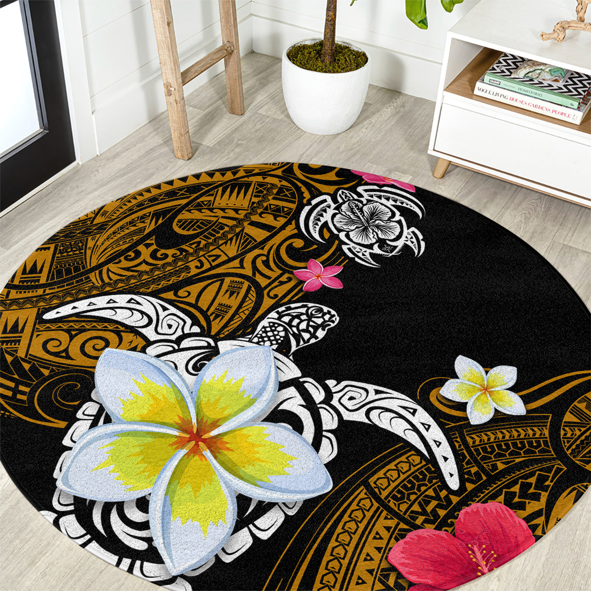 Hawaii Turtle and Tropical Flower Round Carpet Polynesian Pattern LT03 Black - Polynesian Pride
