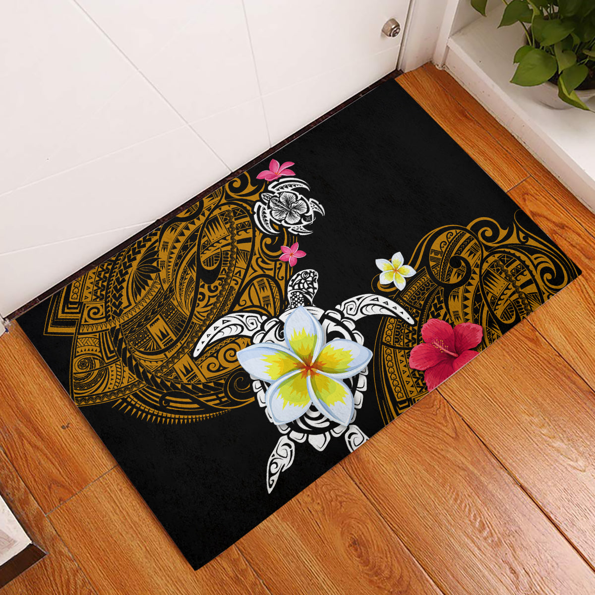 Hawaii Turtle and Tropical Flower Rubber Doormat Polynesian Pattern LT03 Black - Polynesian Pride