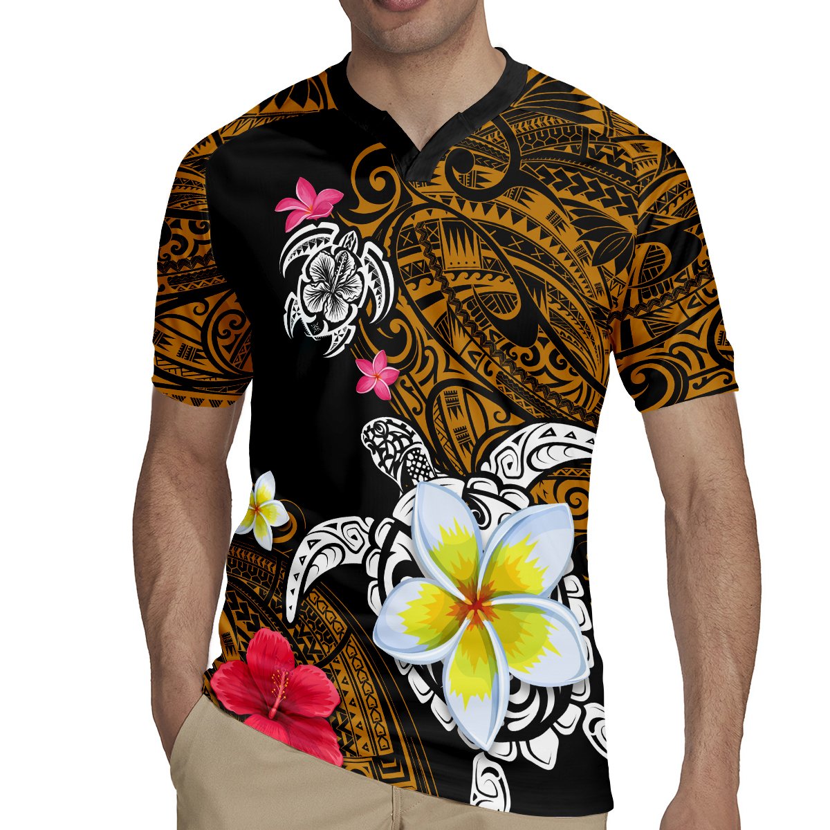 Hawaii Turtle and Tropical Flower Rugby Jersey Polynesian Pattern LT03 - Polynesian Pride