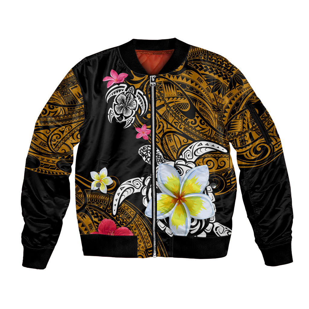 Hawaii Turtle and Tropical Flower Sleeve Zip Bomber Jacket Polynesian Pattern LT03 Unisex Black - Polynesian Pride