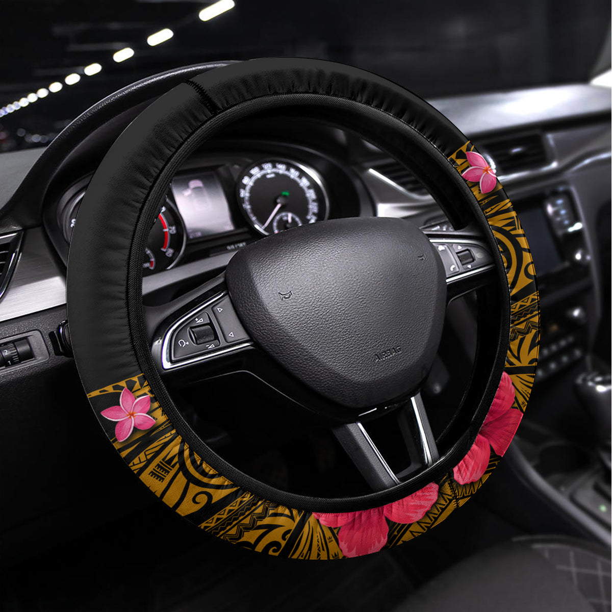 Hawaii Turtle and Tropical Flower Steering Wheel Cover Polynesian Pattern
