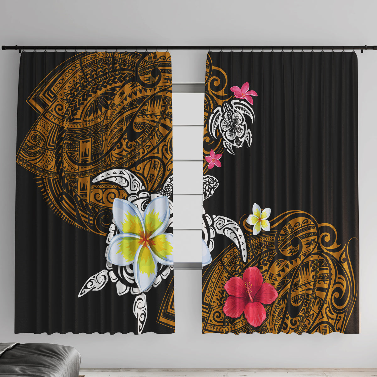 Hawaii Turtle and Tropical Flower Window Curtain Polynesian Pattern LT03 With Hooks Black - Polynesian Pride