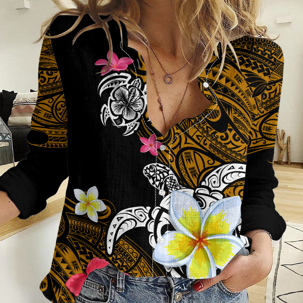 Hawaii Turtle and Tropical Flower Women Casual Shirt Polynesian Pattern LT03 Female Black - Polynesian Pride