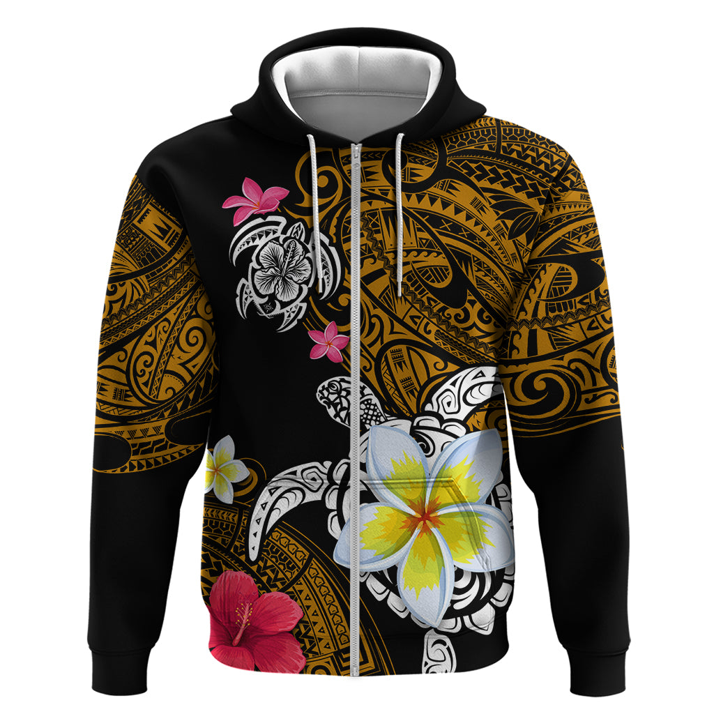 Hawaii Turtle and Tropical Flower Zip Hoodie Polynesian Pattern LT03 Zip Hoodie Black - Polynesian Pride