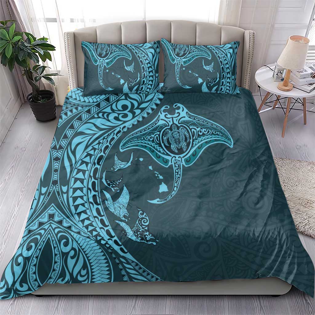 Hawaiian Manta Ray and Polynesian Tribal Tattoo Bedding Set Turquoise Color LT03 - Polynesian Pride