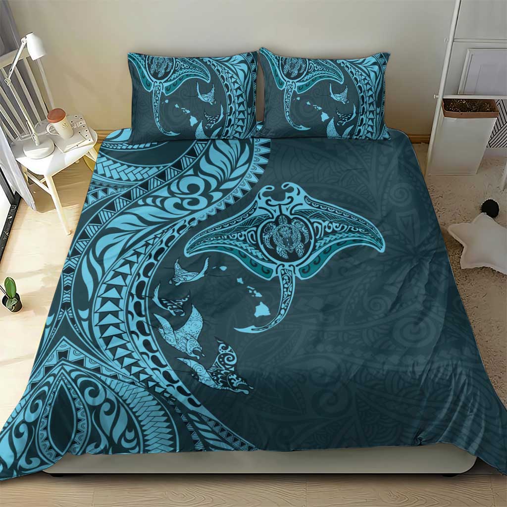 Hawaiian Manta Ray and Polynesian Tribal Tattoo Bedding Set Turquoise Color LT03 - Polynesian Pride