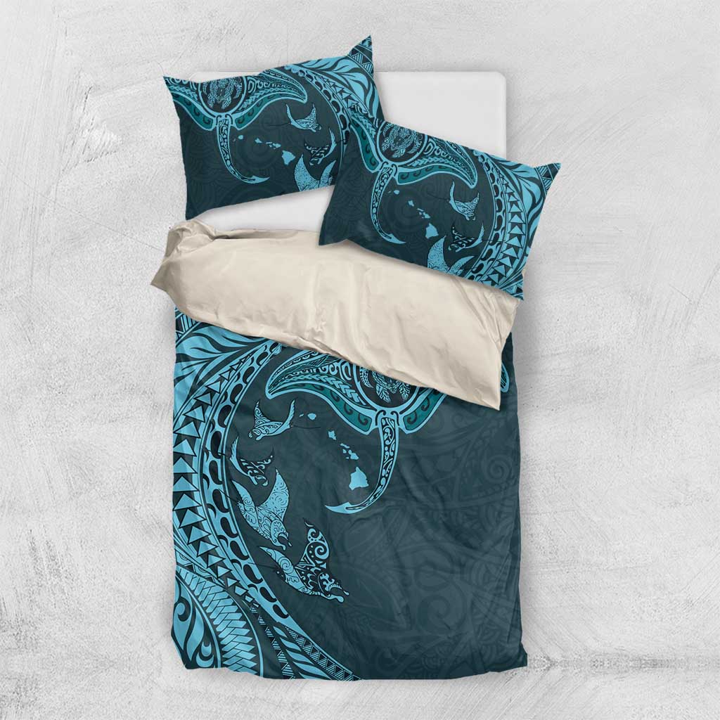 Hawaiian Manta Ray and Polynesian Tribal Tattoo Bedding Set Turquoise Color LT03 US Twin 172cm x 218cm Turquoise - Polynesian Pride