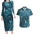 Hawaiian Manta Ray and Polynesian Tribal Tattoo Couples Matching Long Sleeve Bodycon Dress and Hawaiian Shirt Turquoise Color LT03