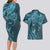 Hawaiian Manta Ray and Polynesian Tribal Tattoo Couples Matching Long Sleeve Bodycon Dress and Hawaiian Shirt Turquoise Color LT03